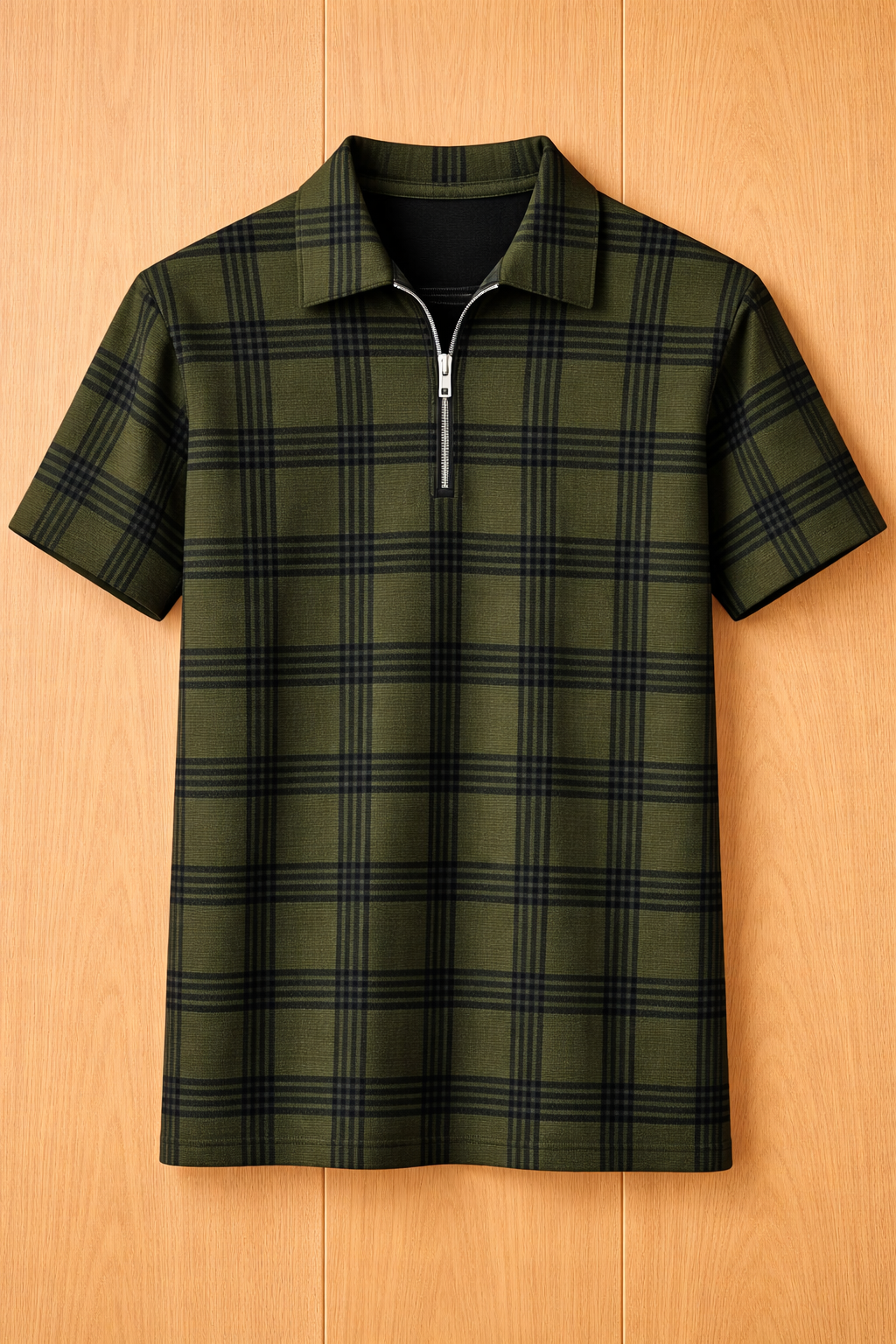 Men’s Premium Checkered Polo T-Shirt – Half Sleeve Zip Neck (Olive Green)