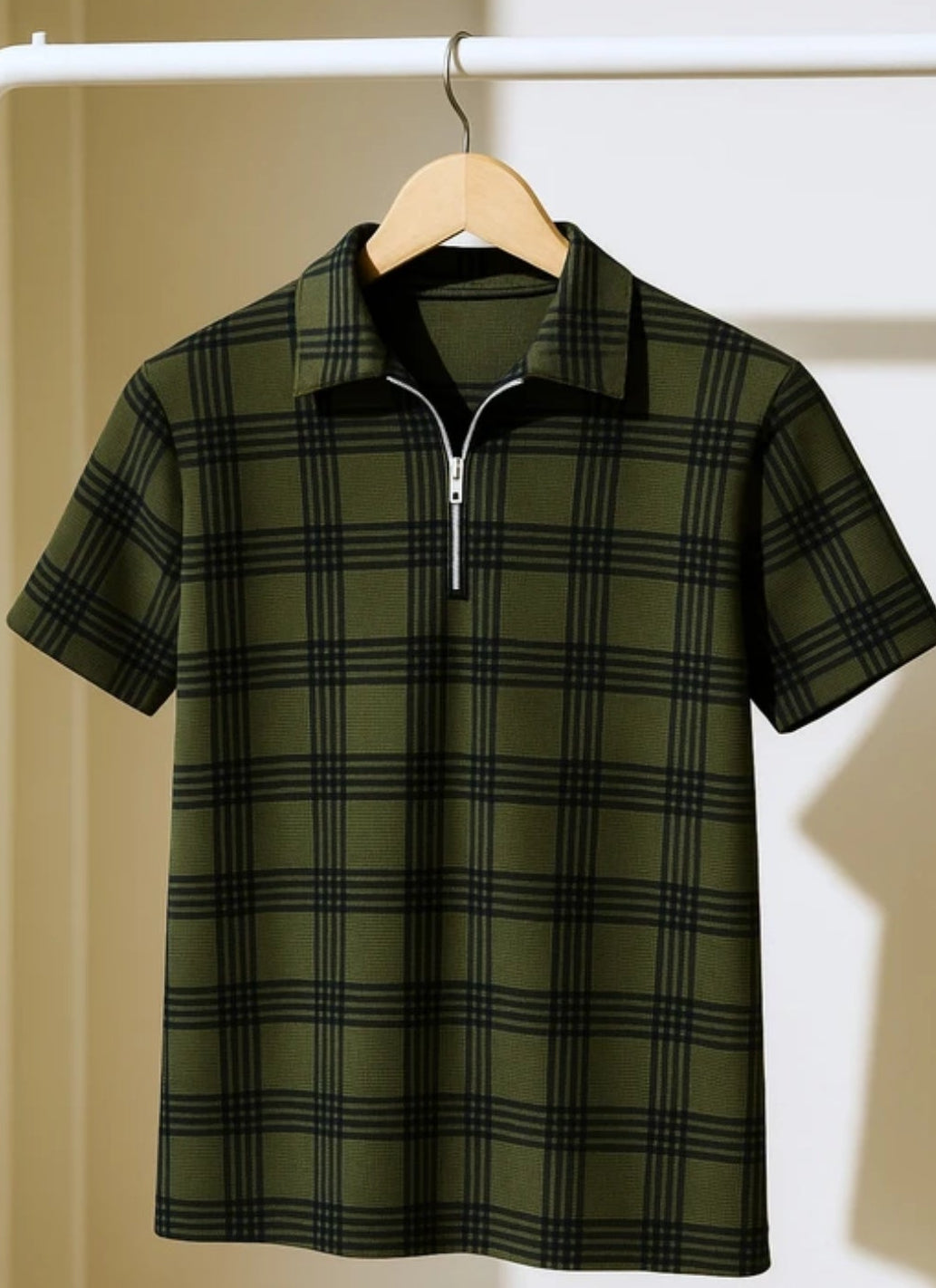 Men’s Premium Checkered Polo T-Shirt – Half Sleeve Zip Neck (Olive Green)